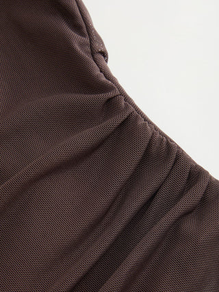 Mesh Boat Neck Lettuce Trim Ruched Top