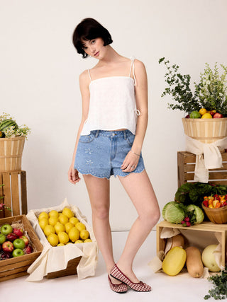 Denim Low Rise Embroidery Floral Scallop Hem Micro Shorts