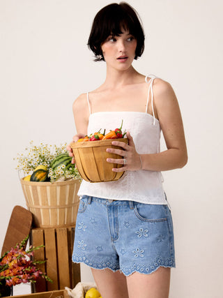 Denim Low Rise Embroidery Floral Scallop Hem Micro Shorts