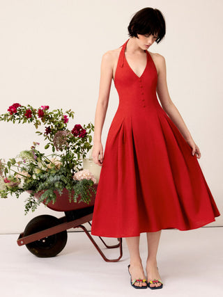 corset Linen-blend Linen-blend Sculptural High Rise V-neck Halter Neckline Flared Maxi Dress For Date