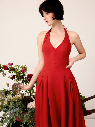 corset Linen-blend Linen-blend Sculptural High Rise V-neck Halter Neckline Flared Maxi Dress For Date