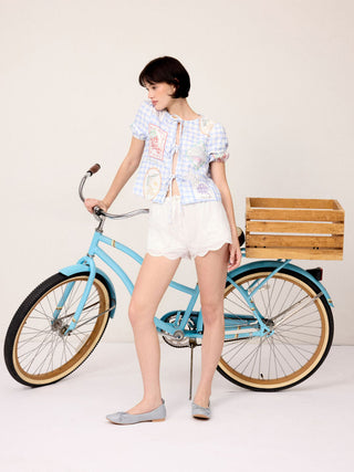Mid Rise Lace Drawstring Scallop Hem Shorts