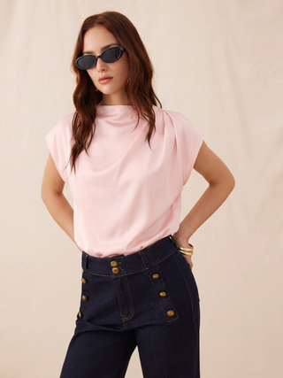 Satin Stand Collar Ruched Short Sleeve Bodysuit