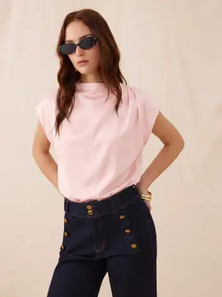 Satin Stand Collar Ruched Short Sleeve Bodysuit