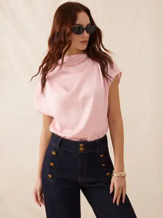 Satin Stand Collar Ruched Short Sleeve Bodysuit