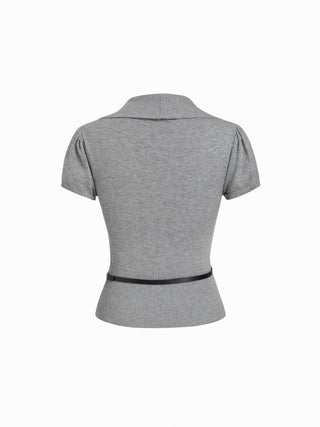 Knit V-neck Wrap Short Sleeve Top With Belt