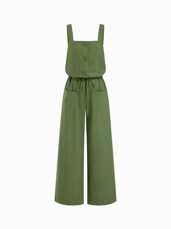 Woven Linen-blend Square Neck Mid Rise Drawstring Oversized Wide Leg Jumpsuit For Daily Casual Vacation