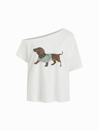 Cotton-blend Dachshund Graphic Asymmetrical Neck Oversized Tee
