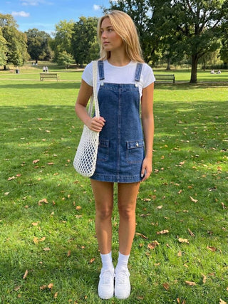 Denim Oversized A-line Pinafore Dress With Metal Detail