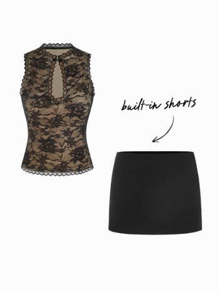 Lace Cut Out Halter Neck Top & Low Rise A-line Mini Skirt Set