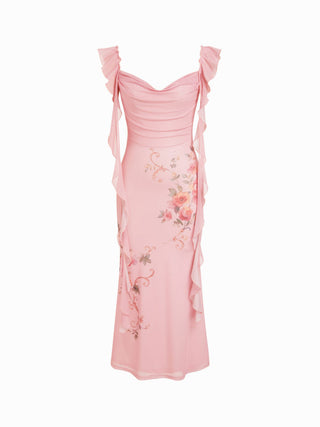 Cowl Neck Solid Glitter Ruffle Hem Maxi Dress