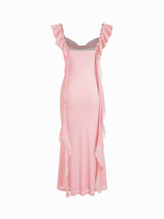 Cowl Neck Solid Glitter Ruffle Hem Maxi Dress