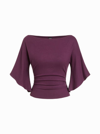Boat Neck Mid-length Bell Sleeve Ruched Tee