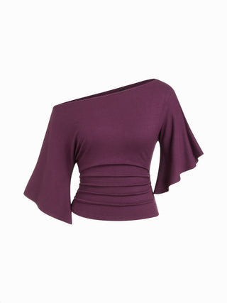 Boat Neck Mid-length Bell Sleeve Ruched Tee