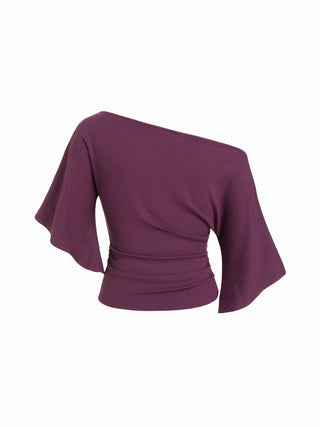 Boat Neck Mid-length Bell Sleeve Ruched Tee
