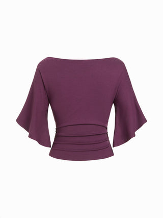 Boat Neck Mid-length Bell Sleeve Ruched Tee