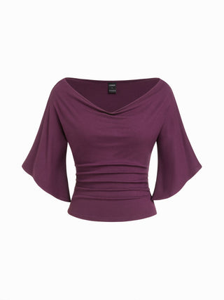 Boat Neck Mid-length Bell Sleeve Ruched Tee