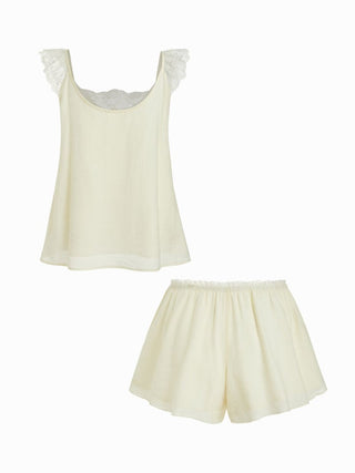 Square Neck Lace Trim Oversized Top & Mid Rise Wide Leg Trousers Loungewear Set
