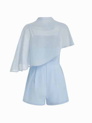 High Neck Asymmetrical Cloak Sleeve Poncho Top & Mid Rise Romper Set