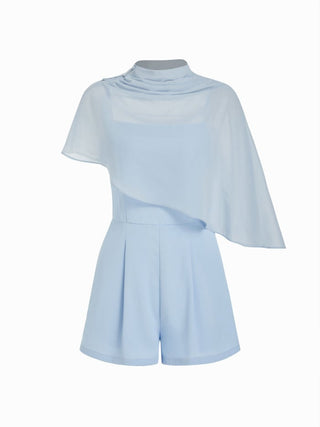 High Neck Asymmetrical Cloak Sleeve Poncho Top & Mid Rise Romper Set