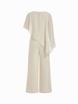 Asymmetrical Cloak Sleeve Mid Rise Wide Leg Jumpsuit With Cape