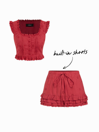 Square Neck Ruffled Top & Low Rise Embroidery Ruffle Hem Mini Skirt Set