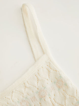 Knit Pointelle Floral Embroidery Square Neck Crop Cami Top