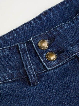 Stretch Denim Washed Mid Rise Metal Detail Flared Capri Jeans