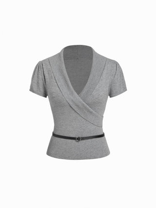 Knit V-neck Wrap Short Sleeve Top With Belt