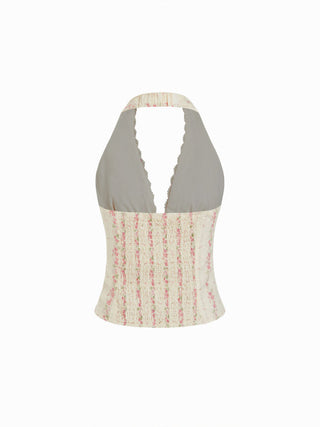 Cotton Floral Graphic Halter Neck Lace Trim Shirred Cami Blouse