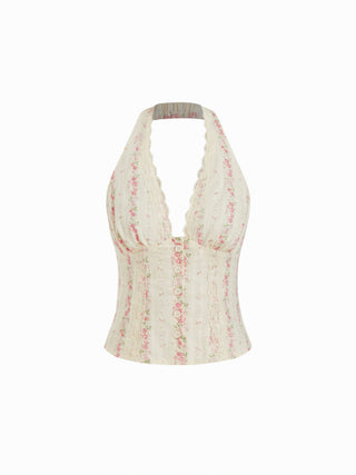 Cotton Floral Graphic Halter Neck Lace Trim Shirred Cami Blouse