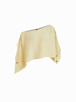 Linen-blend Linen-blend Asymmetrical Neck Drawstring Cloak Sleeve Oversized Blouse For Daily Casual Vacation