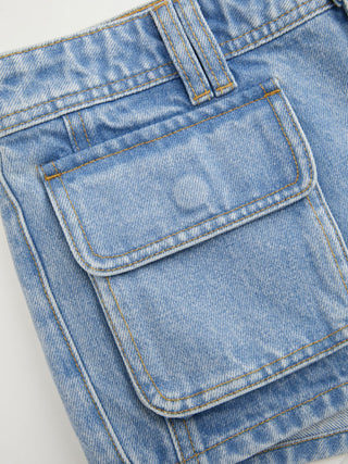 Denim Low Rise Washed Metal Detail Cargo Shorts