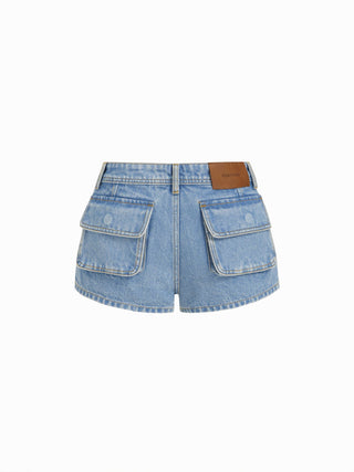 Denim Low Rise Washed Metal Detail Cargo Shorts