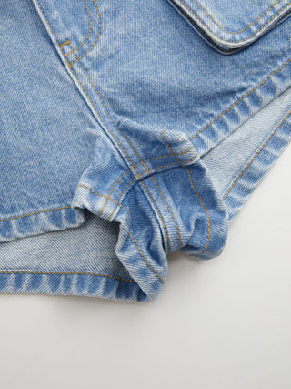 Denim Low Rise Washed Metal Detail Cargo Shorts