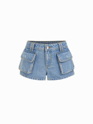 Denim Low Rise Washed Metal Detail Cargo Shorts