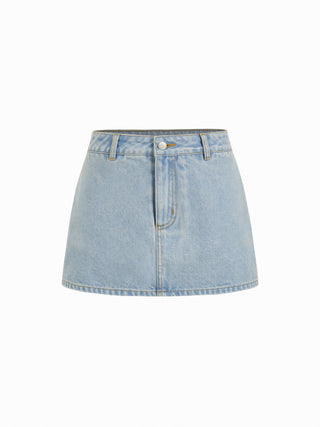 Denim Low Rise Washed Metal Detail A-line Mini Skort