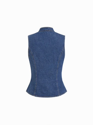 Denim Stand Collar Twist Knotted Washed Denim Vest