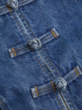 Denim Stand Collar Twist Knotted Washed Denim Vest