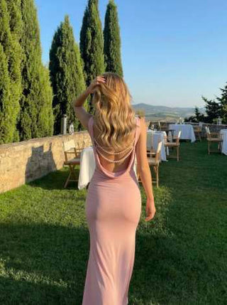 Boat Neck Ruched Pearl-Back Detail Maxi Dress
