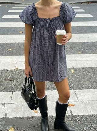 Woven Cotton-blend Gingham Shirred High Rise Mini Dress For Daily Casual