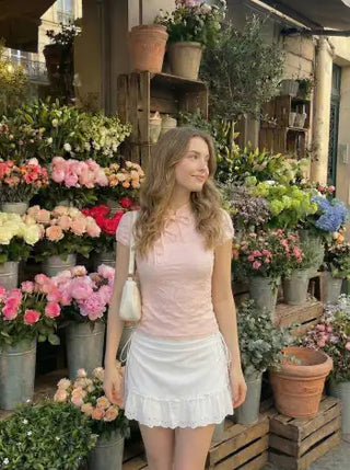 Lace Floral Stand Collar Bowknot Short Sleeve Top