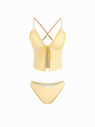 V-neck Gingham Bowknot Lettuce Trim Tankini Bikini Set