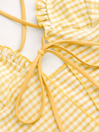 V-neck Gingham Bowknot Lettuce Trim Tankini Bikini Set