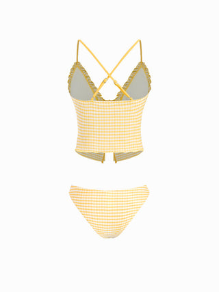 V-neck Gingham Bowknot Lettuce Trim Tankini Bikini Set