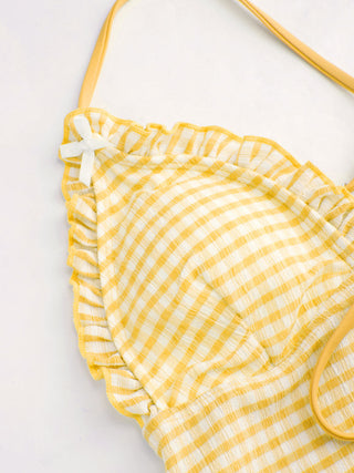 V-neck Gingham Bowknot Lettuce Trim Tankini Bikini Set