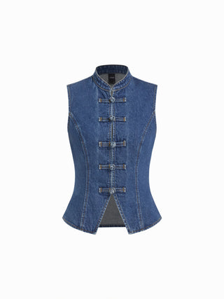 Denim Stand Collar Twist Knotted Washed Denim Vest