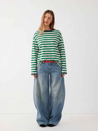 Round Neckline Striped Long Sleeve Oversized Tee