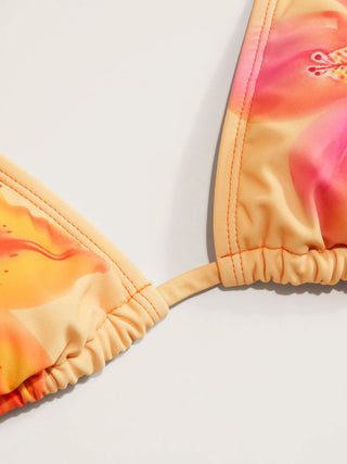 Floral Halter Neckline Triangle Bikini Set With Ruched Tie Side Skirt