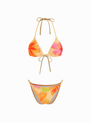 Floral Halter Neckline Triangle Bikini Set With Ruched Tie Side Skirt